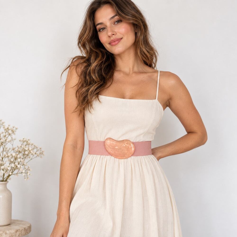 Vintage Pink Elastic Wide Waist Belt Peach Statement Buckle XS/S